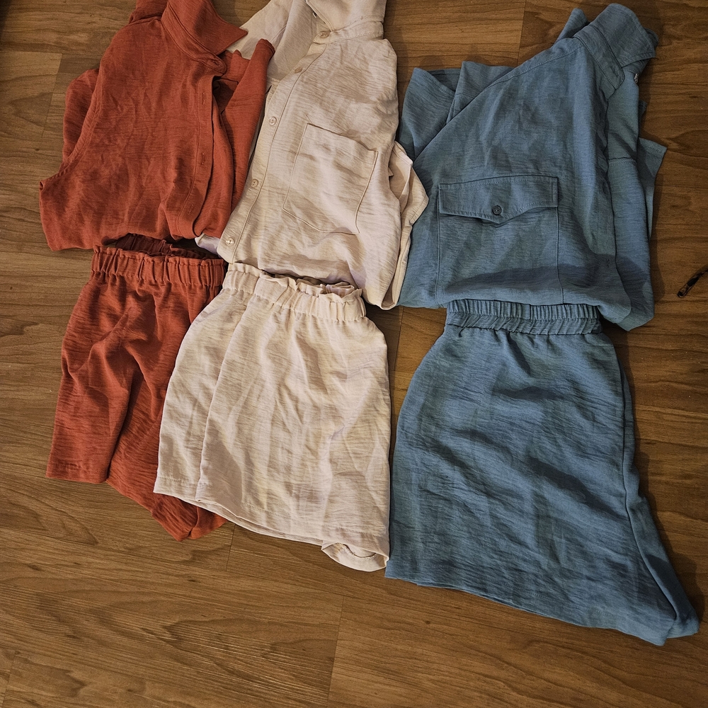 Fashion Nova Coral and Sky Blue Shirt and Shorts Set